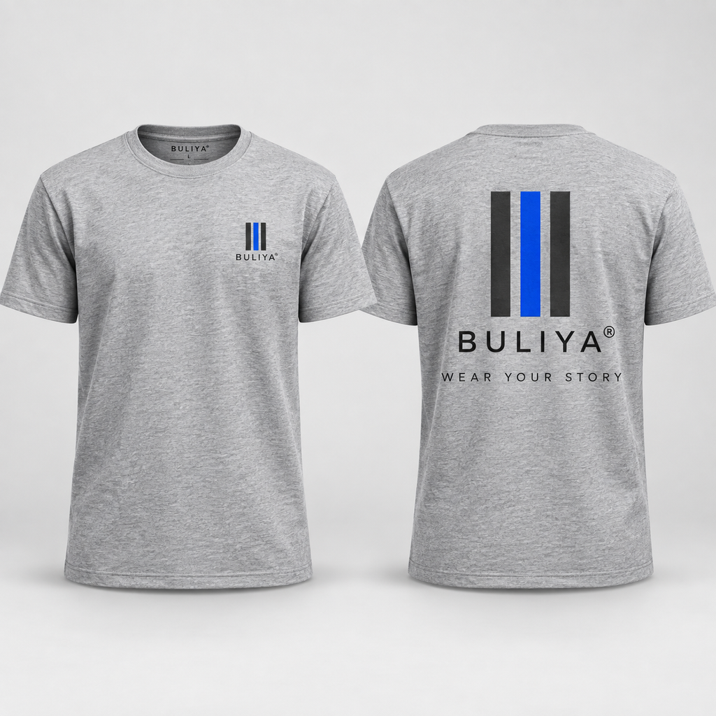 BULIYA signature back print grey T-shirt front and back