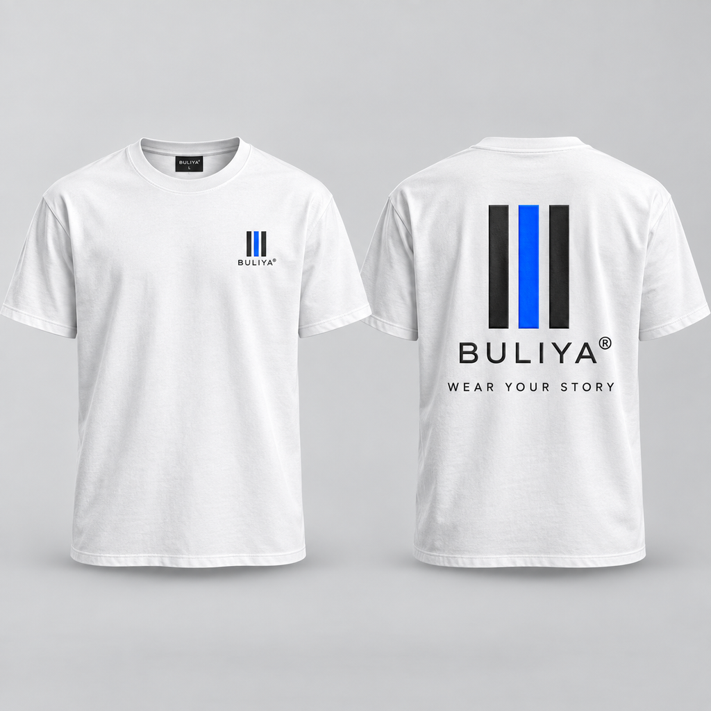 BULIYA signature back print white T-shirt front and back